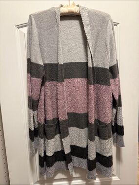 Pink Clover Open-Front Striped Cardigan in Pink, Gray & Black